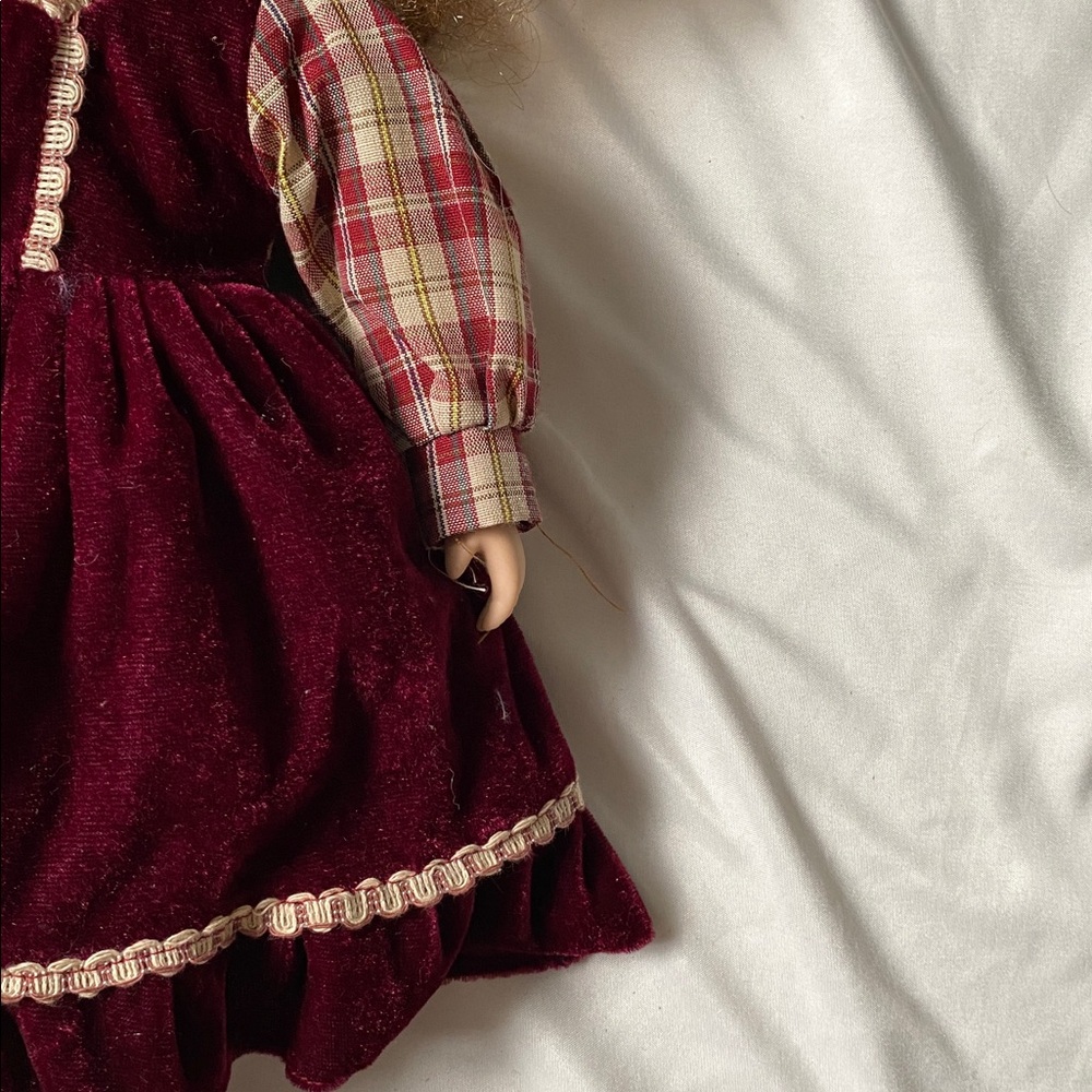 Vintage Style Porcelain Doll in Burgundy Dress - Picture 5 of 9